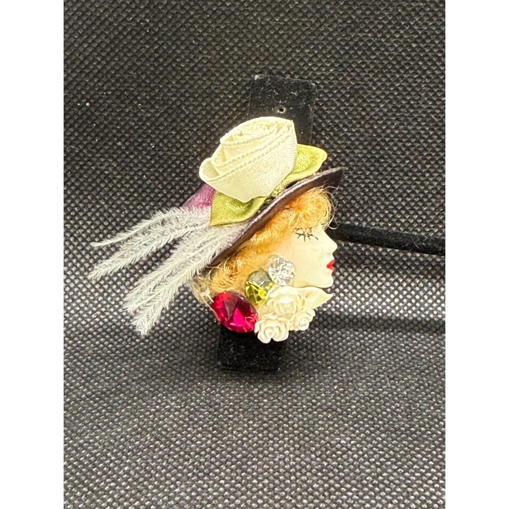 Vintage Handmade Lady Head Brooch Mixed Media Rhinestone Feather Flower Pin